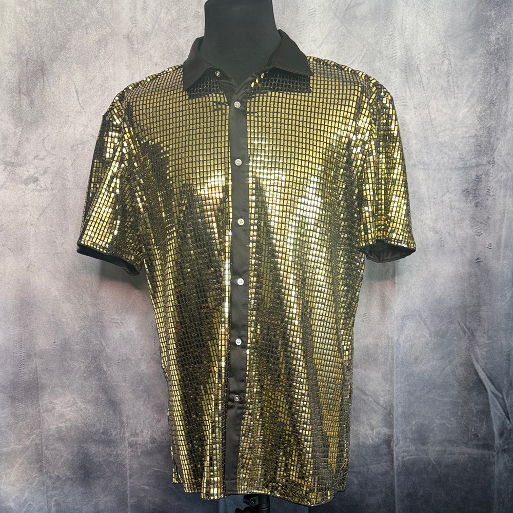 FeverCity Men's Gold Sequin Button Down Shirt Size XL